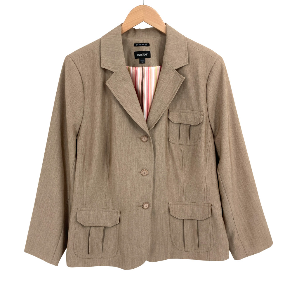Avenue Tan Stretch Blazer Jacket with Striped Lining Plus Size 16 Womens